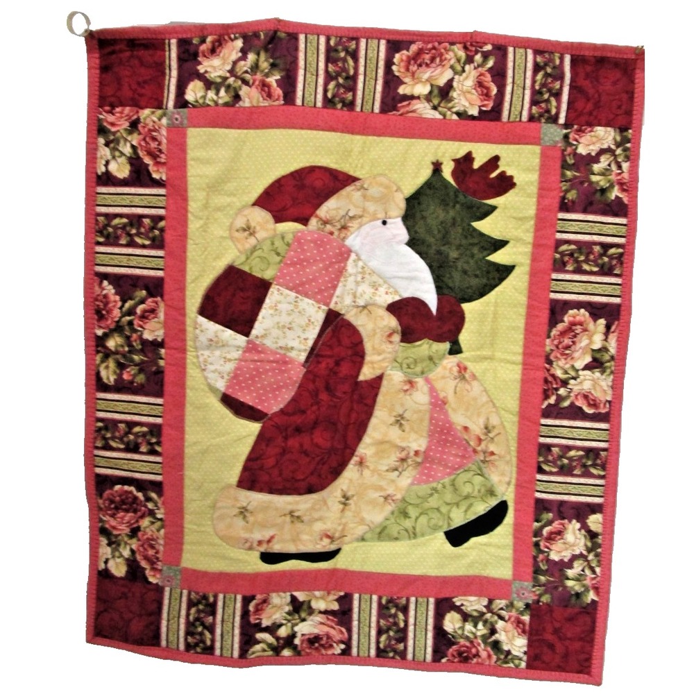 Handmade Quilted Christmas Sant Claus Wall Hanging Quilt 32x26 Burgundy Florals